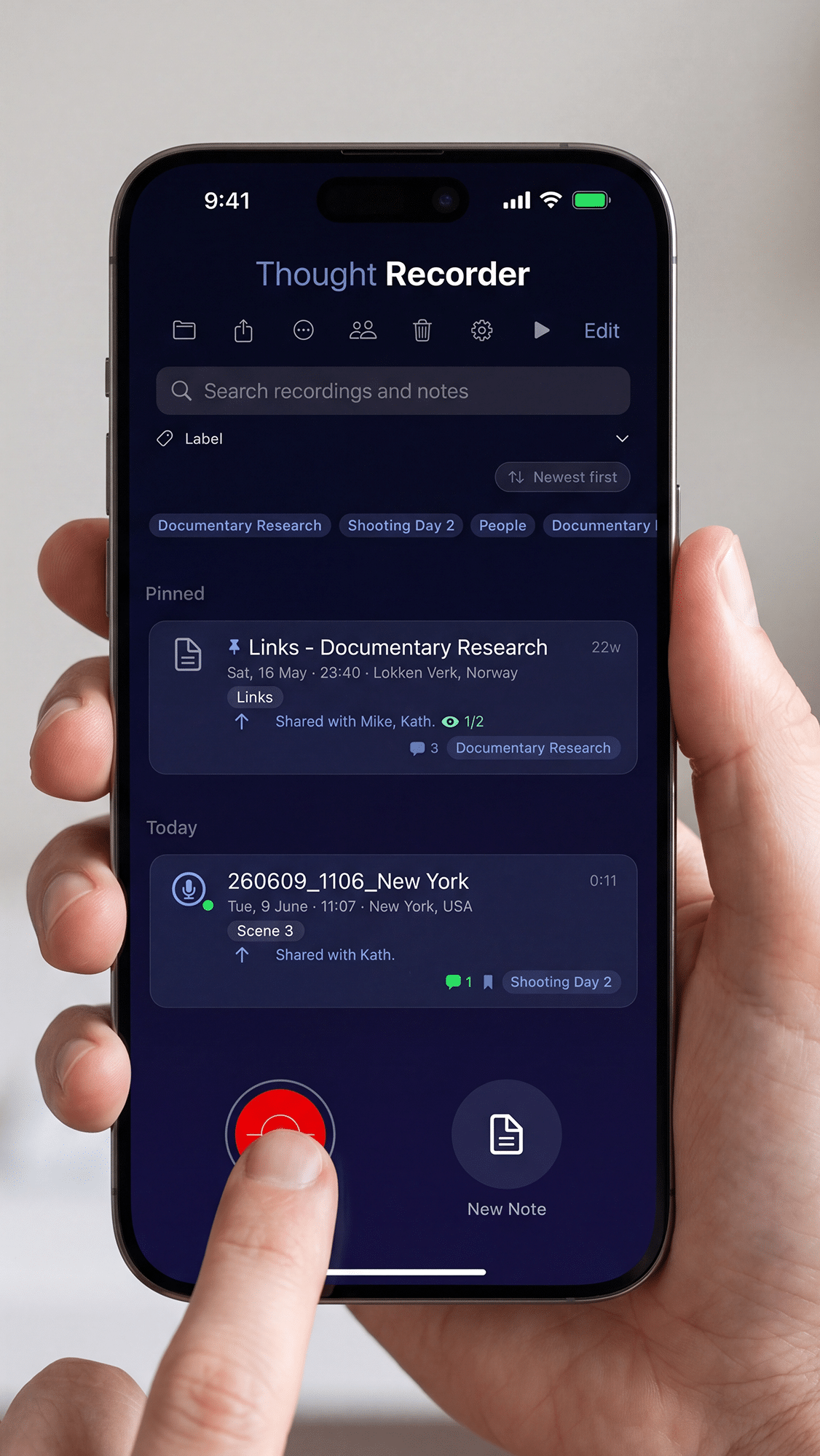 Thought Recorder home list view of recordings