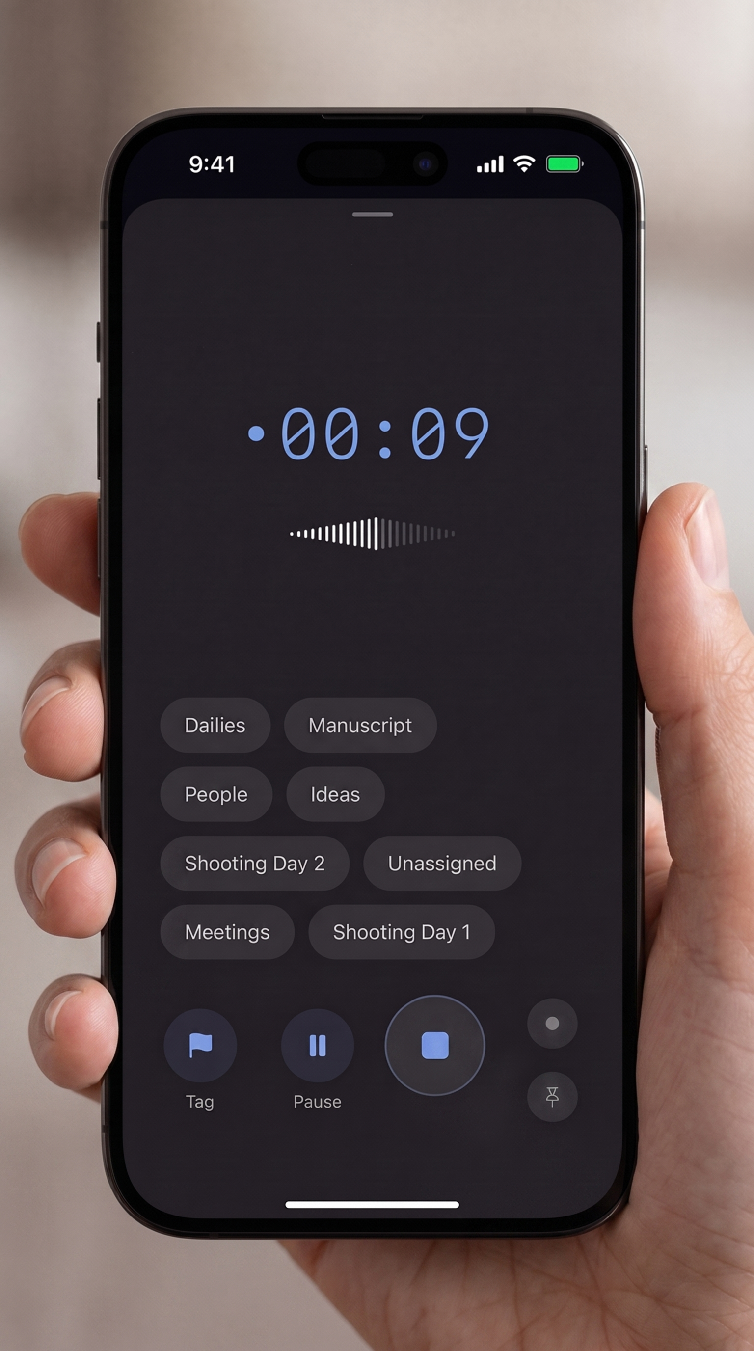 Recording screen with level meter and markers