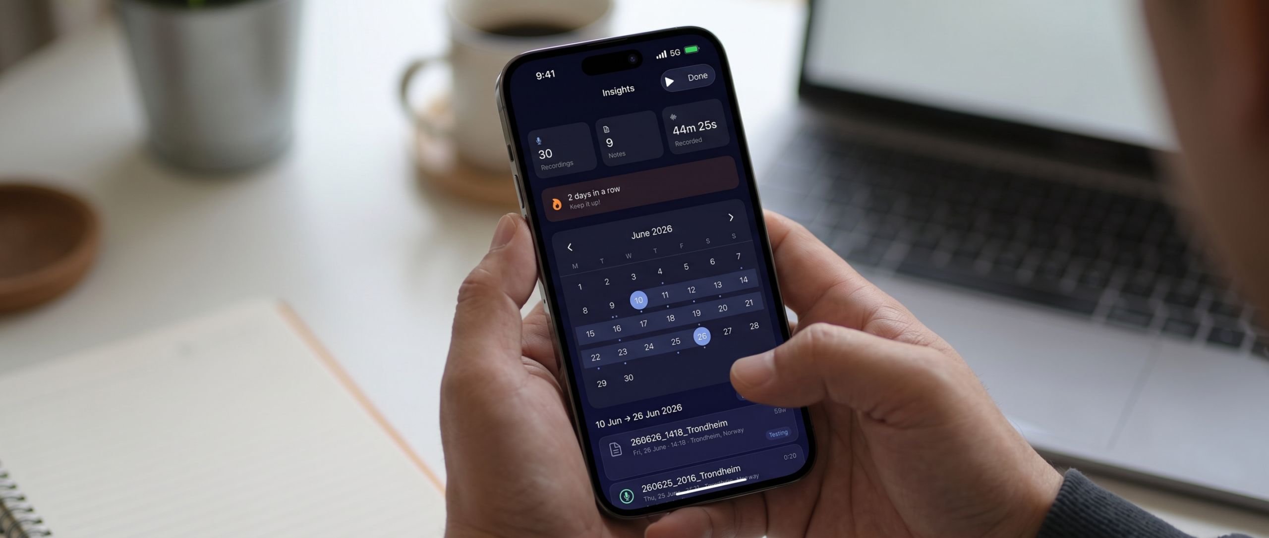 Insights calendar with recording stats