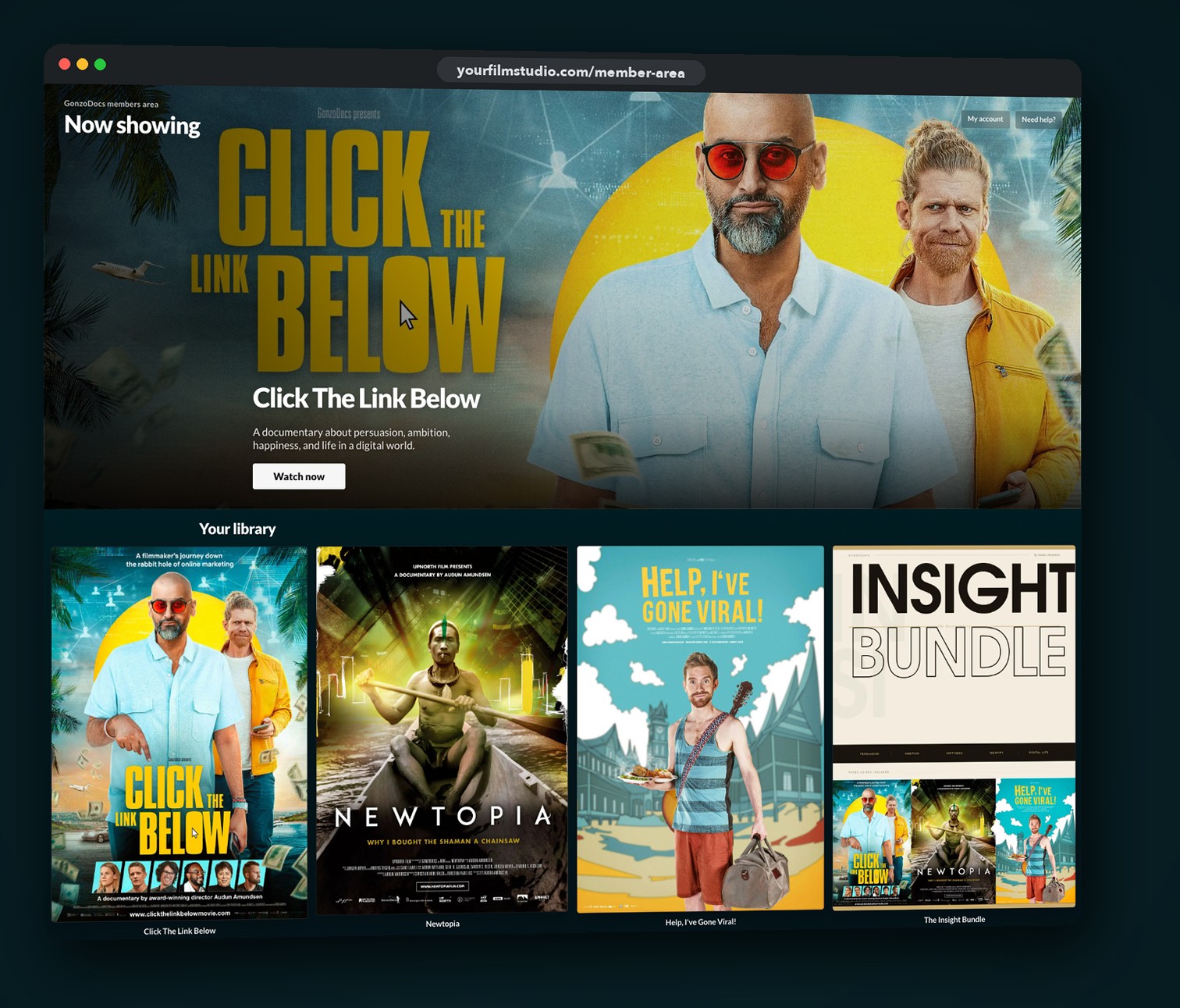 The Direct Film Funnel template — the member area page in a browser window