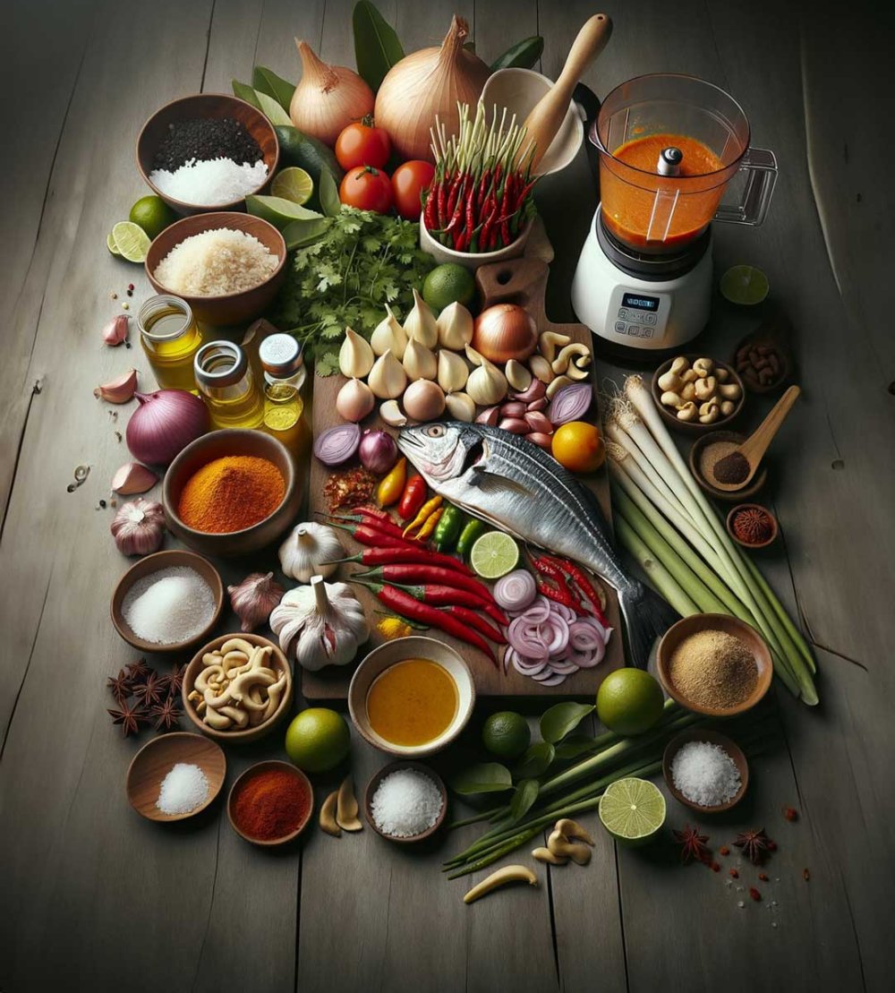 Gulai Ikan ingredients &mdash; white fish, red chillies, turmeric, lemongrass and lime